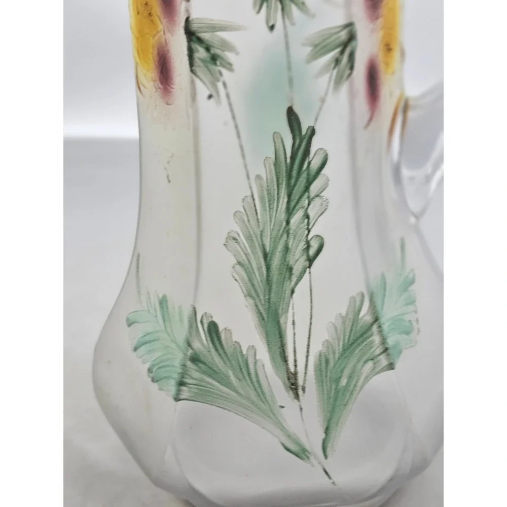 Antique Frosted Glass Pitcher Hand Painted Floral Gold Rim Victorian Art Glass
